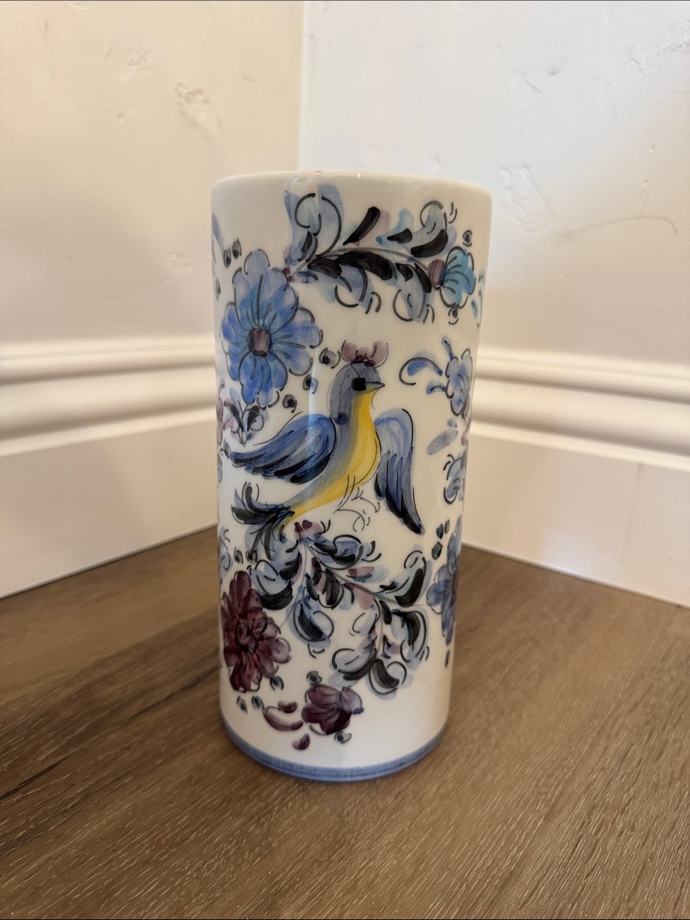 Hand-Painted Floral & Bird Ceramic Vase in Blue, Yellow, and Purple from Greece